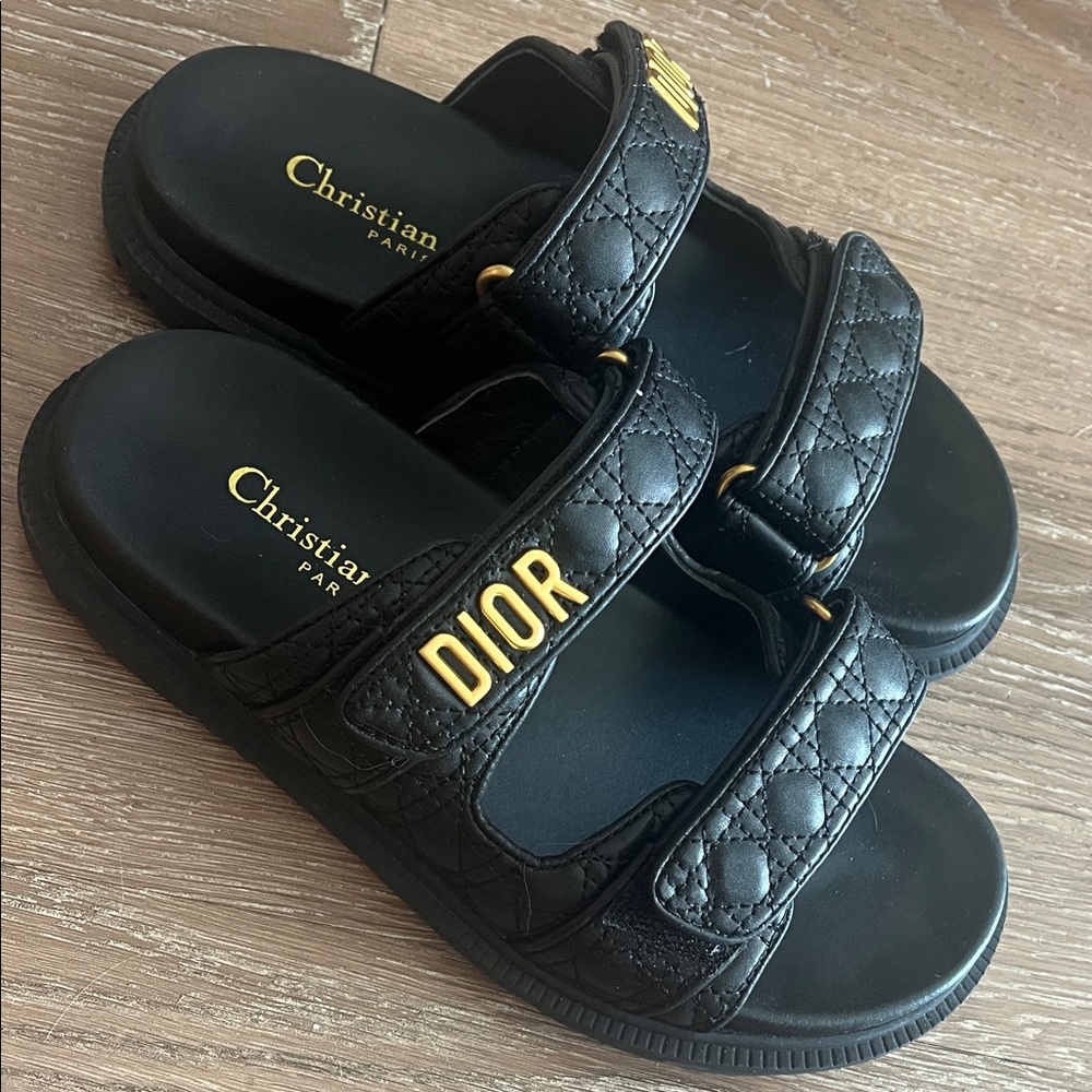 Dior Black Quilted Slides with Gold Logo